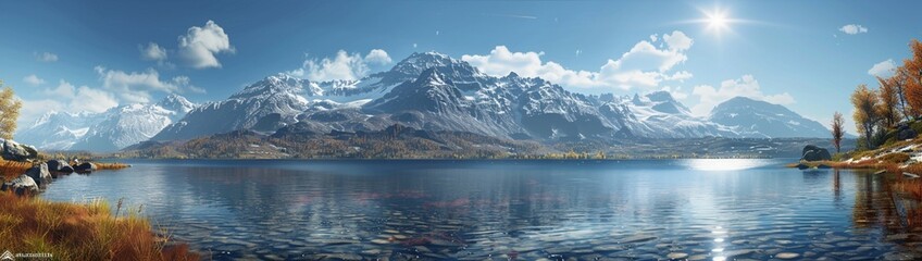 A wide lake panorama with crystal clear waters, where the bottom of the lake is visible, surrounded by snow-capped mountains under a bright blue sky.