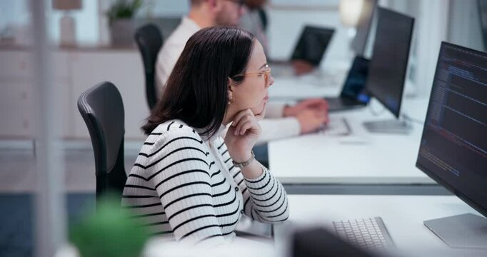 Office, thinking and woman with monitor at desk for information technology, server and solution. Programming, business and developer with tech at work for backend development, testing and debugging