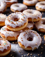 A delicious assortment of vanilla donuts topped with creamy icing and colorful sprinkles, showcasing their appealing texture and sweetness in a warm cafe setting. White icing on buns. Generative AI