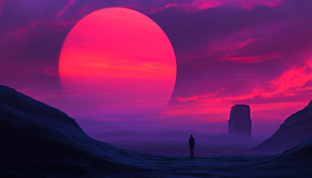 A serene landscape featuring a vibrant sunset with rich purple hues and a solitary figure standing against an evocative backdrop.