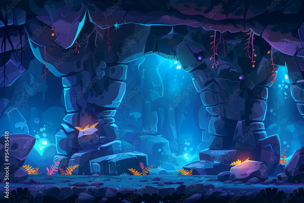 Poster cartoon vector cave with separated layers for game and animation game design asset