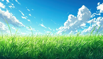 Obraz premium Lush Green Grass Field Under a Blue Sky with White Clouds