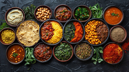 A flat lay of an Ethiopian injera platter with various stews, including lentils, chickpeas, and spiced vegetables, served on a large round injera bread.