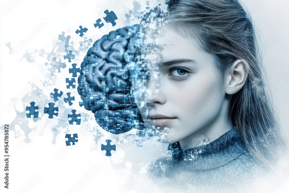 Poster aging brain brain health young woman with a brain dissolving into puzzle pieces symbolizing the frag