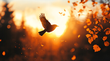 A bird flying in the sky with the sun in the background. The bird is black and white