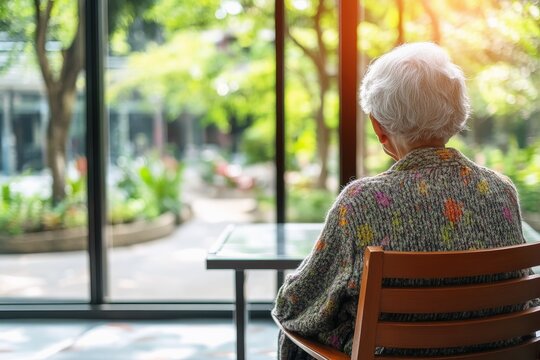 Elderly person sitting alone and lonely at a dining table.