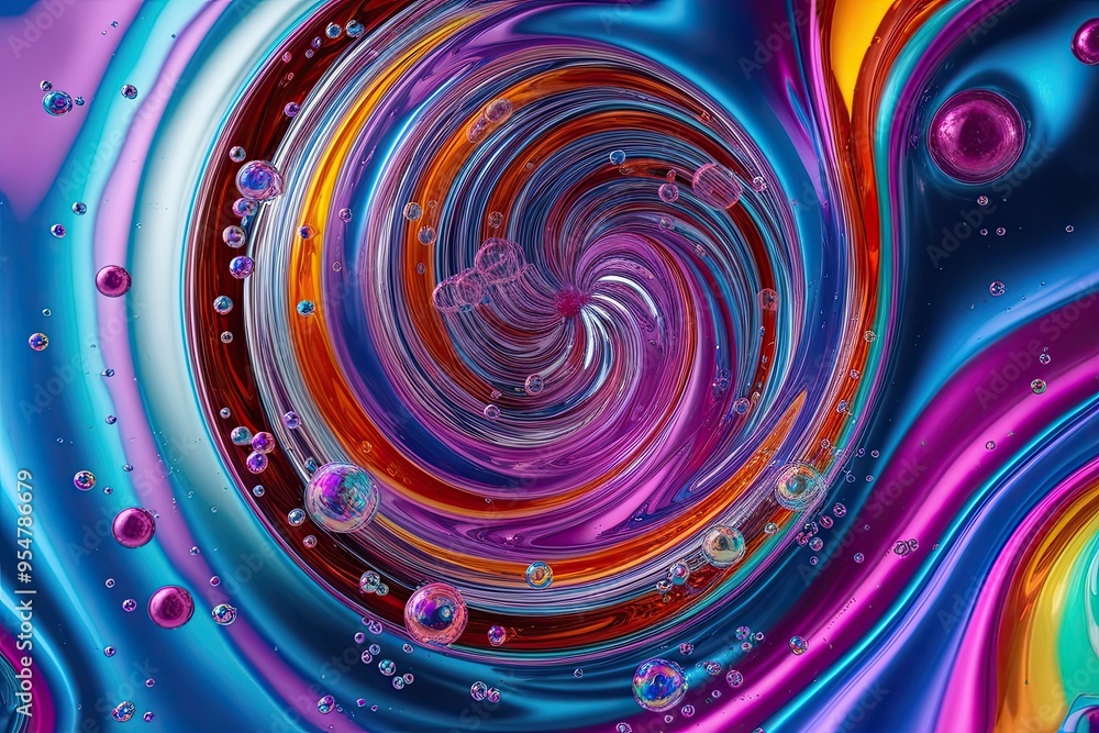 Poster colorful three-dimensional liquid whirlpool design with vibrant bubble patterns