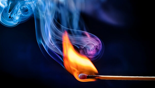  Lit Matchstick with Colorful Flame and Smoke on Dark Background- A matchstick is shown igni_1(258)