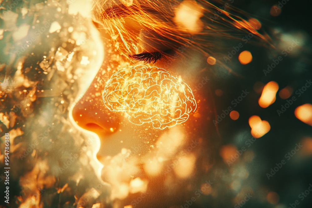 Aufkleber sleep and cognition brain health close up of a womans face with fiery particles symbolizing intense 