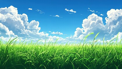 Obraz premium Lush Green Grass Field Under a Blue Sky with Fluffy Clouds