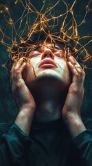 Fototapeta premium Young man touched by golden branches in dark ambient lighting creating mysterious atmosphere