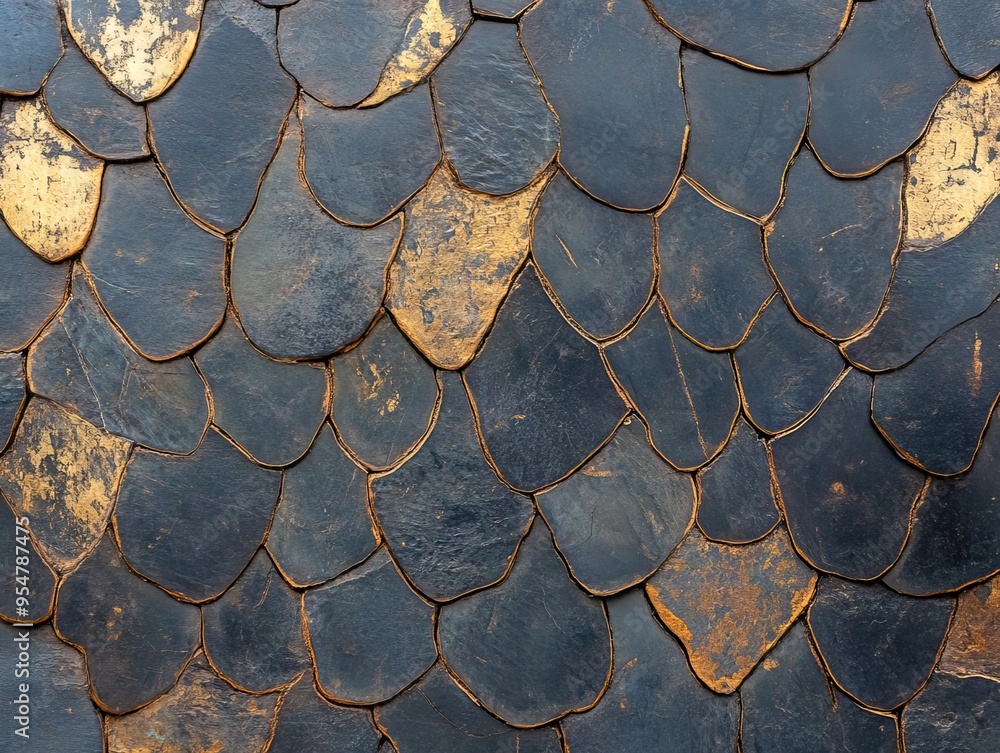 Poster textured close-up of black and gold scales creating an intriguing pattern, ideal for backgrounds and