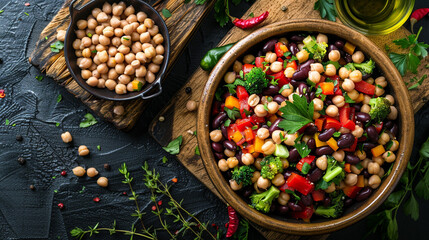 A flat lay of a mixed bean salad with chickpeas, kidney beans, black beans, diced bell peppers, and a tangy vinaigrette, served on a rustic wooden board.
