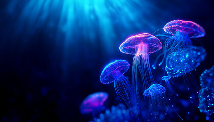Vibrant jellyfish floating gracefully in deep blue water, illuminated by ethereal light, creating a mesmerizing underwater scene.