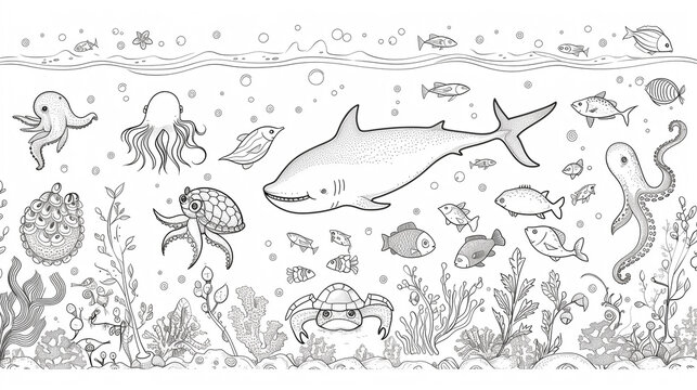 Colorable sheet, graphics, marine life &ndash; octopuses, sea turtles, fish, dolphins, crabs, silhouettes on a horizontal format.