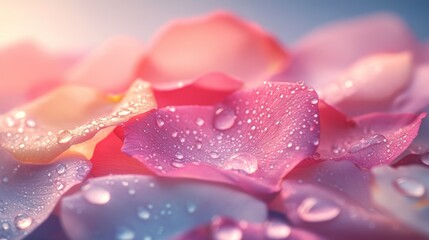 Fototapeta premium Close-up of Dew-Covered Rose Petals in Soft Lighting
