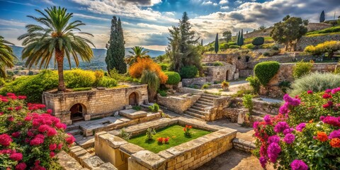 Elegant ancient columns stand amidst lush greenery, overgrown vines and weathered stone walls, amidst remnants of a forgotten tomb in Israel's sun-kissed landscape.