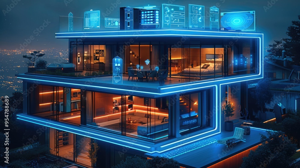 Aufkleber A modern home with multiple connected devices, such as an AI-powered security system and smart lighting, depicted in blue digital lines on top of the house, symbolizing energy performance.