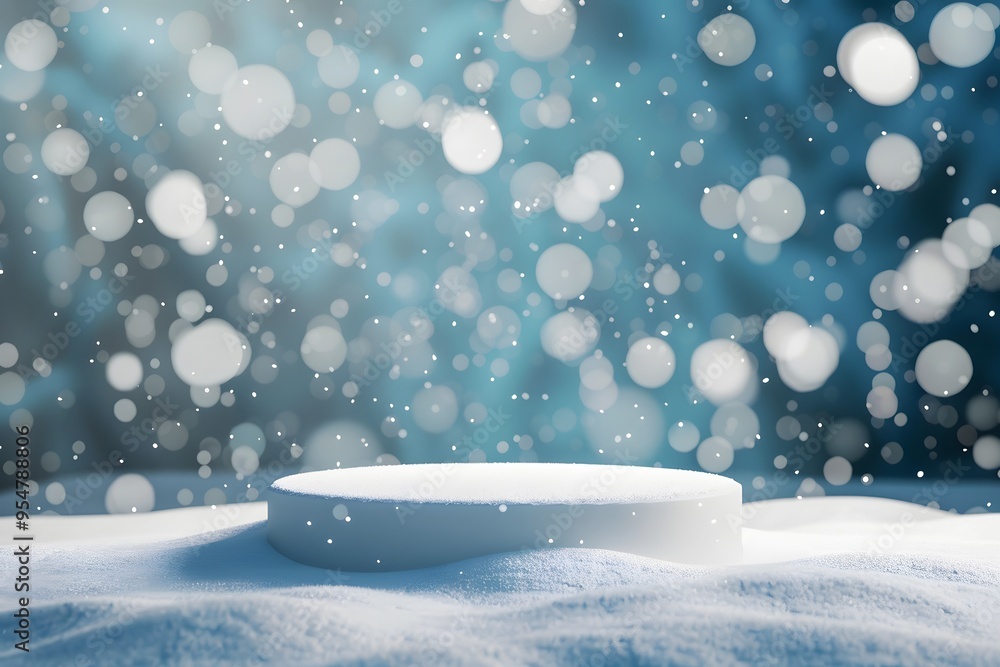 Poster a round podium on a snow falling background with bokeh lights. winter concept for product presentati
