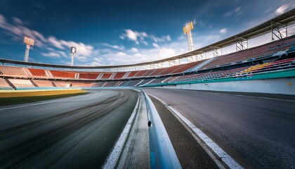 Race track corner in motion, dynamic drive, high speed view