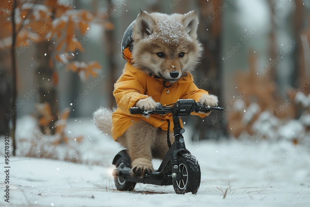 Poster wolf puppy riding an electric scooter in the snow