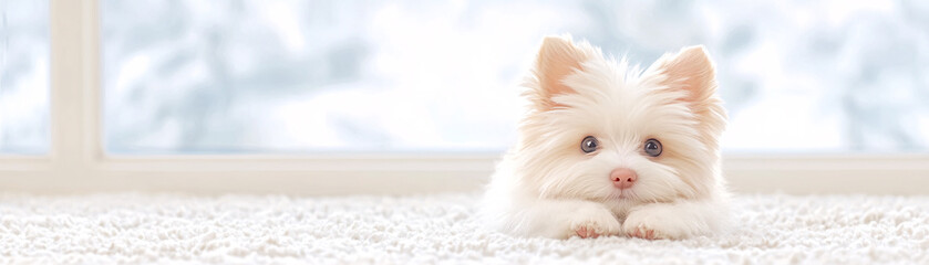 A white dog is laying on a carpeted floor in front of a window. The dog appears to be looking out the window, possibly watching something outside. Concept of curiosity and relaxation