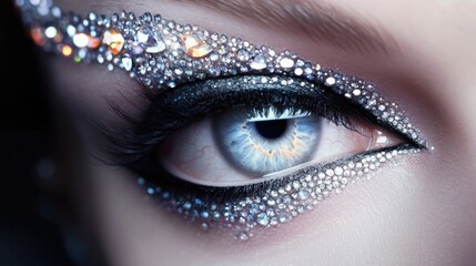 Rhinestone-encrusted eye with creative makeup, capturing a close-up that reflects the artistry and elegance of modern beauty trends.