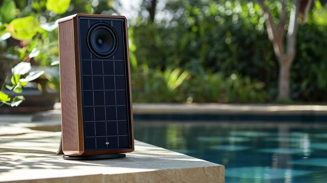 Enjoy relaxing poolside with a stylish solar-powered speaker in a lush garden setting on a sunny day