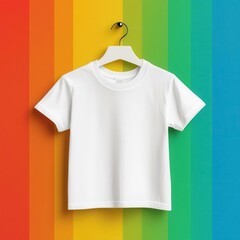 White kids' T-shirt on a hanger with a rainbow gradient background, Kids T-Shirt Mockup, Colorful and lively design