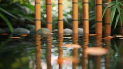 Orange Petals Floating on a Still Pond with a Bamboo Fence