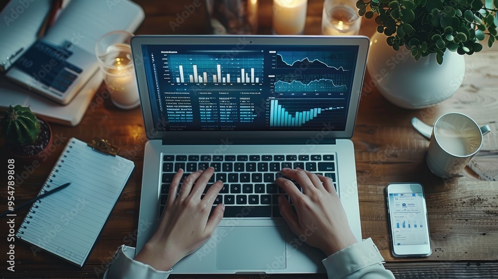 Fototapete hands typing on a laptop with financial graphs displayed, surrounded by other office equipment and d