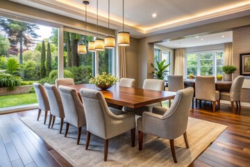 A modern dining room features soft upholstered chairs amidst sleek lines and minimalist decor, creating a warm and