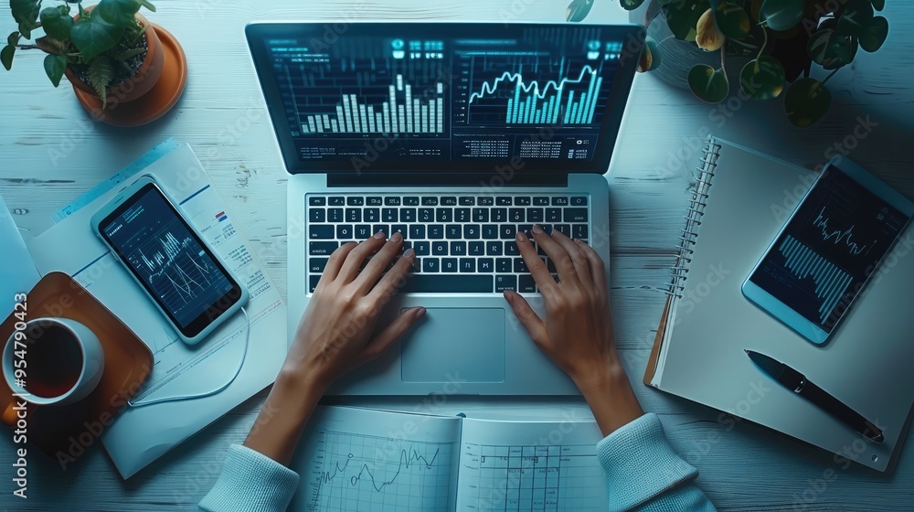 Fototapete hands typing on a laptop with financial graphs displayed, surrounded by other office equipment and d