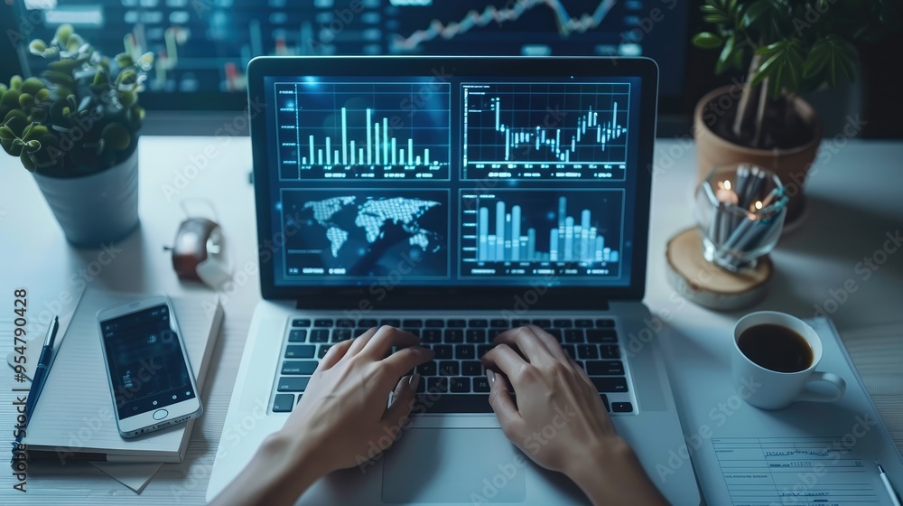 Fototapete Hands typing on a laptop with financial graphs displayed, surrounded by other office equipment and documents. the screen displaying various charts and data points, top view. Generative AI.