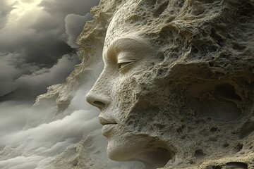 Ancient Stone Face Sculpture Emerging from Cloudy Rocky Landscape