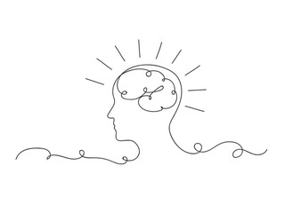 Continuous one line drawing head and brain mind and mental health problem concept isolated vector illustration.