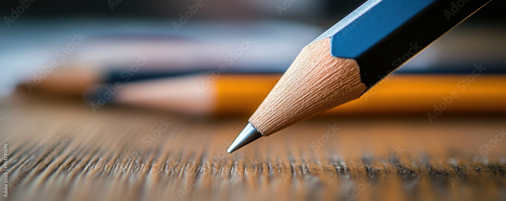 Poster macro shot of a sharp pencil tip on a wooden surface with blurred pencils in the background, highlig