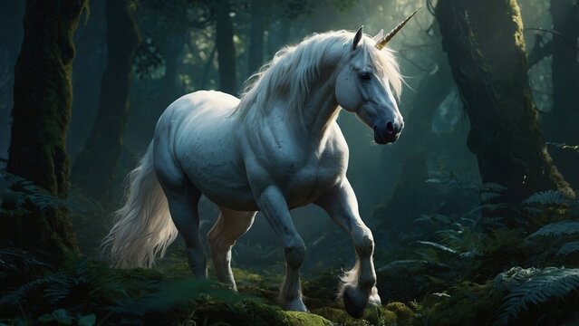 Majestic white unicorn with spiraling horn staniding in the mystical misty forest surrounded by trees. Mythical monocerus single horned horse creature fantasy illustration concept wallpaper.