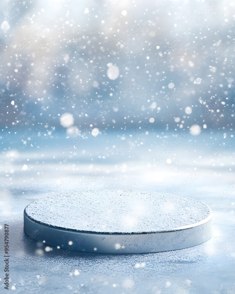 Poster a round podium on a snow falling background with bokeh lights. winter concept for product presentati
