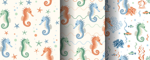 Set of seamless patterns with cute seahorse, starfish and algae. Underwater world, ocean inhabitants. Suitable for fabric, wallpaper, wrapping paper, scrapbooking, etc. © Siawi_art