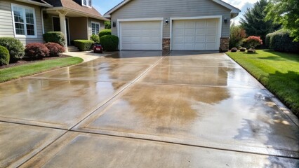 a photo image of a recently cleaned concrete driveway after pressure washing procedure, with fresh water marks and dirt removed