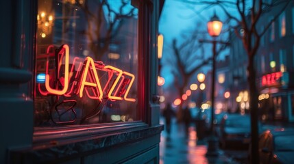 A neon Jazz sign brightens window of a cozy bar. Evening autumn ambience outside. Copy space banner