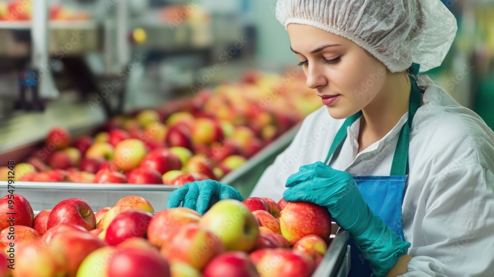 Poster technologist in a food processing factory, controlling the apple selection process, focusing on qual