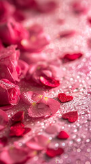 A close-up view of delicate rose petals scattered across a soft pink velvet background, each petal glistening with dew. A small cluster of red heart-shaped confetti adds a romantic touch.