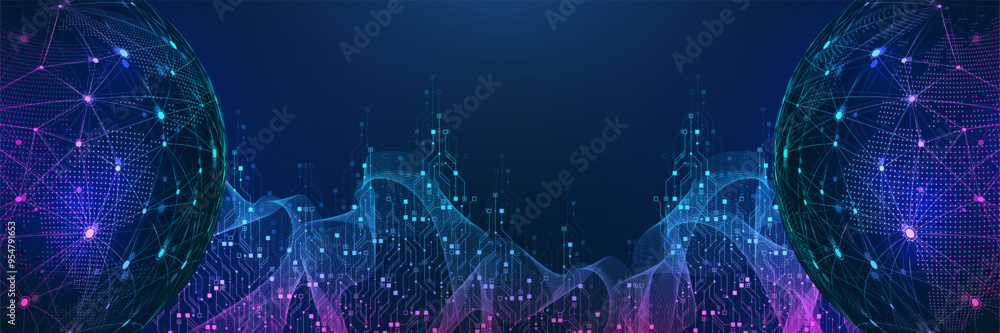 Leinwandbilder Digital technology abstract background with AI circuit board texture. Technology connected blue lines with electronics elements on tech bg. Semiconductor hardware. Cyber engineering.