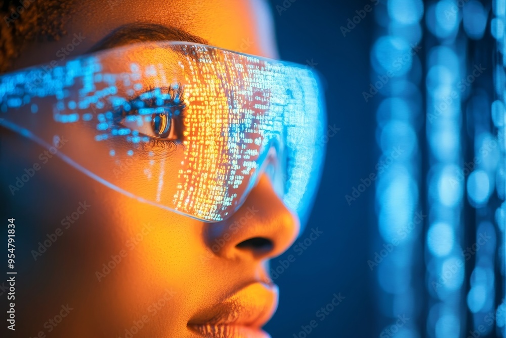 Poster close-up profile of black woman interacting with augmented reality glasses and code data stream