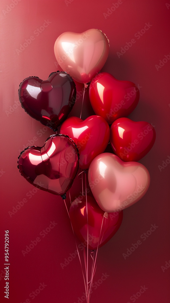 Poster a flat lay of heart-shaped balloons in various shades of red and pink, gently floating above a silky