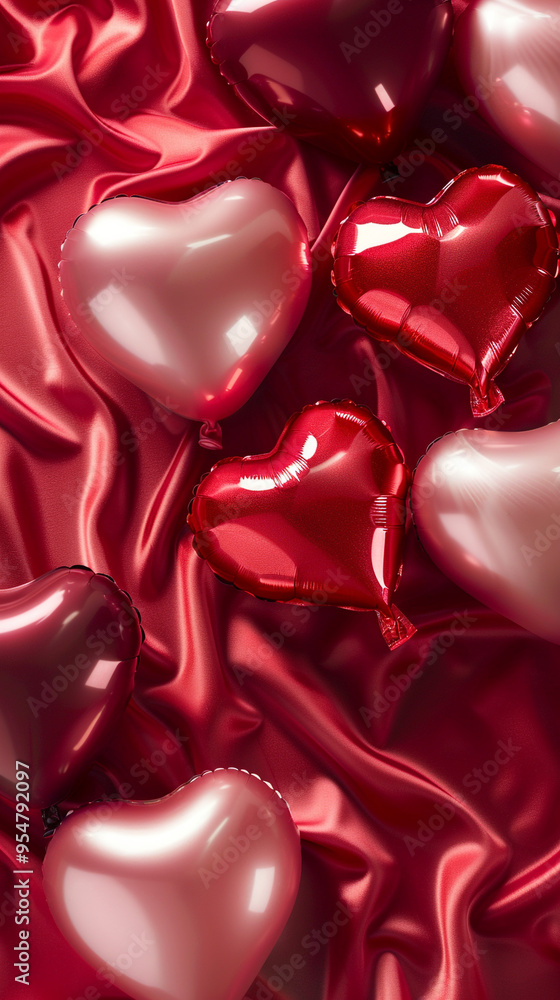 Poster a flat lay of heart-shaped balloons in various shades of red and pink, gently floating above a silky