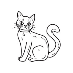 Beautiful cat with collar and token sitting in black isolated on white background. Hand drawn vector sketch illustration in doodle engraved vintage line art style. Happy Halloween, trick or treat