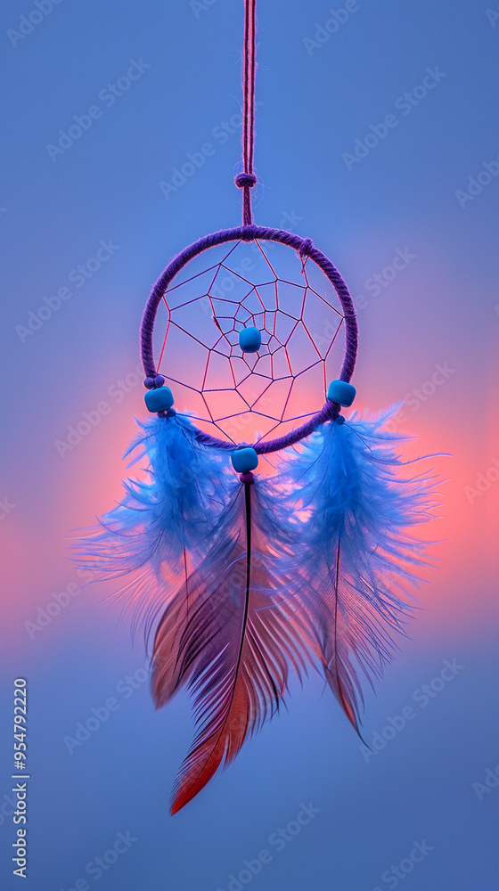 Poster a minimalist dreamcatcher with a single, delicate feather, hanging in front of a soft gradient backg